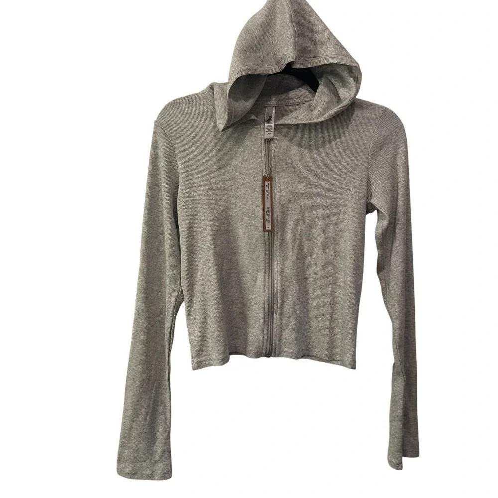 NEW Skims L Cotton Rib Zip Up Hoodie Light Heather Grey Womens NWT - Picture 3 of 8
